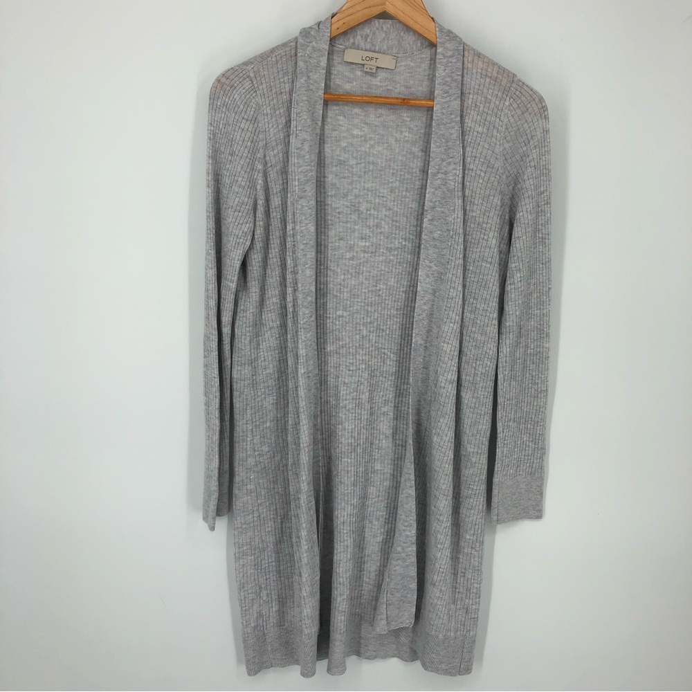 Loft Womens‎ Cardigan Size Medium Light Gray Ribbed Longline Open Front